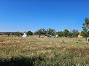 a large field with a white tent in the distance at Comanche Teepee at Nomad Landing in Clayton +6 photos