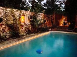 a blue swimming pool with a frisbee in front of a building at Corazón de Selva in Macario Gomez