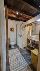 a bathroom with a shower and a toilet and a sink at MOOREA - Tropical Bungalow in Hauru
