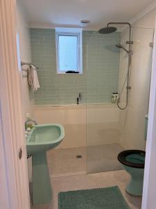 a bathroom with a green sink and a shower at Relaxing cottage overlooking Crookhaven River in Greenwell Point +28 photos