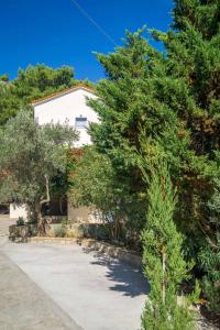 a white house with trees in front of it at Armonia Bay Hotel in Kokkari