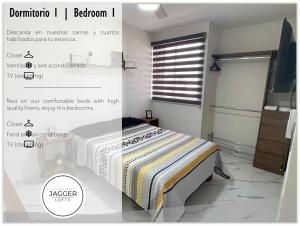 a poster of a bedroom with a bed and a television at Loft Joe con WiFi y Alberca in Tulum +3 photos