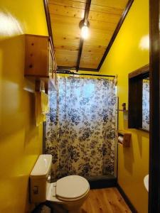 a bathroom with a toilet and a shower at Estancia Las Golondrinas in Tecpán Guatemala