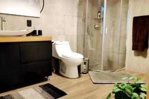 a bathroom with a toilet and a glass shower at Villa Alejandra Cabaña in Tapalpa +75 photos