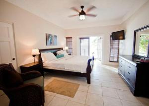 a bedroom with a bed and a ceiling fan at Blue Waters Inn in Speyside