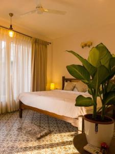 ein Schlafzimmer mit einem Bett und einer Topfpflanze in der Unterkunft Modern villa with Private Pool,WiFi,parking in Varca in Goa