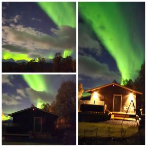 three different views of the aurora over a house at Lillehytta årøybuktneset in Elvejord