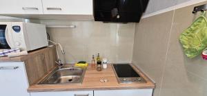 a small kitchen with a sink and a microwave at Apartments Tena in Rovinj