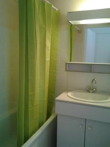 Un baño con lavabo y cortina de ducha. en MAGNIFIQUE VUE MER et PHARE DE CORDOUAN, en Saint-Palais-sur-Mer