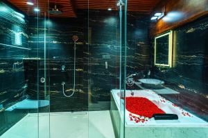 a bathroom with a glass shower and a tub at Clarks Inn Suites Hyderabad Airport in Hyderabad +56 photos