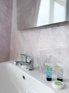 a bathroom sink with two toothbrushes and a mirror at The Western in St Ives