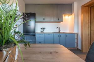 a kitchen with blue cabinets and a wooden table at Apartamenty Tatrzańskie Wzgórze in Poronin +33 photos