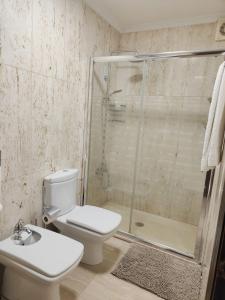 Un baño con ducha, inodoro y lavabo. en Casa Aguilar, en Ronda