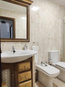 Un baño con lavabo, inodoro y espejo. en Casa Aguilar, en Ronda