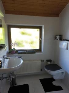 ein Badezimmer mit Waschbecken und Toilette und einem Fenster in der Unterkunft Ferienwohnung Gabriel in Bad Kohlgrub