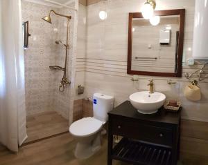 ein Badezimmer mit Toilette, Waschbecken und Spiegel in der Unterkunft Къща за гости Начовата къща, Стойките, община Смолян in Vodata + 123 Fotos