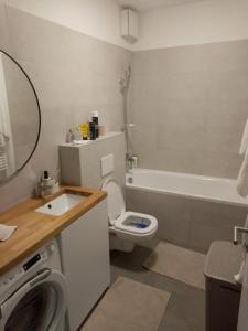 a bathroom with a toilet and a sink and a washing machine at Modern studio apartment in the old town in Košice