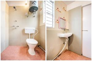 two pictures of a bathroom with a toilet and a sink at Super Hotel O Kamini in Patna