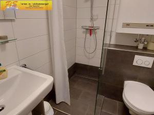 a bathroom with a shower and a toilet and a sink at Apartment Urlaubstraum in Bad Mitterndorf