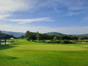 a golf course with a green field and mountains in the background at Celtic Minor Pods in Ystalyfera