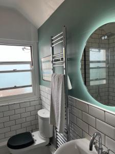 ein Badezimmer mit Toilette und Spiegel in der Unterkunft Oysterman's Cottage in The Mumbles + 9 Fotos