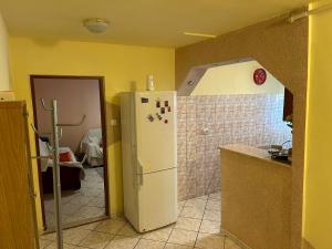 a kitchen with a white refrigerator in a room at Casy&Angy in Braşov