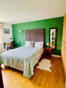 a bedroom with a bed with a green wall at Modern and chic rooms with beautiful landscape views in Sydenham