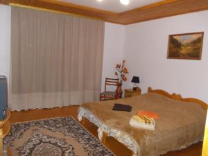 a bedroom with a bed and a table with books on it at Slagora Apartment in Yaremche