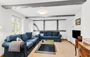 a living room with a blue couch and a table at Three-Bedroom Holiday Home In Tranekar in Østerhuse