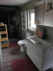 a bathroom with a toilet and a sink and a shower at Chalet Paradise Cottage in Hastière-par-delà