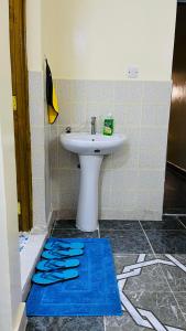 a bathroom with a white sink and a blue rug at Well Furnished Studio Apartment at Kamakis Opposite Quickmart in Ruiru +10 photos