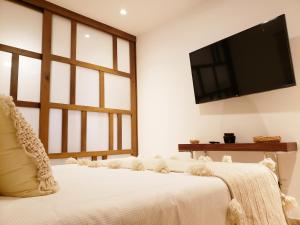 une chambre avec un lit avec une télévision à écran plat au mur dans l'établissement Ipana Condos by HA, à Playa del Carmen 6 autres photos