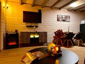 a living room with a fireplace and a tv at Kukułka Mazury in Ruciane-Nida