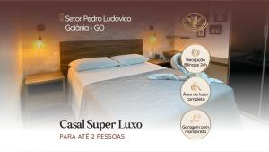 a poster of a bedroom with a bed with three descriptions at Coruja Imob - Flat Crystal Place in Goiânia +241 photos