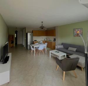 a living room and kitchen with a couch and a table at Family House Dim in Ioannina