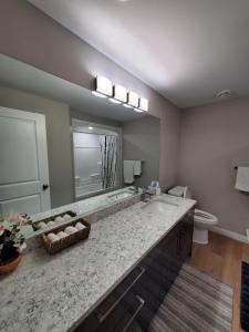 a bathroom with a sink and a large mirror at Private Entrance 2 Bed 1 Bath in Winnipeg