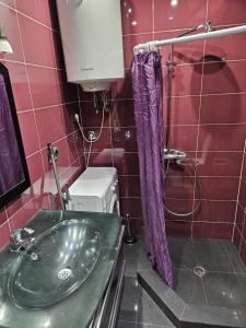 a bathroom with a green sink and purple shower curtain at Premium Class In Batumi in Batumi +16 photos