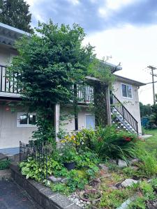 高贵林Air Conditioned 2 Bedroom upper floor suite with Garden view的一栋房子前面有一棵树