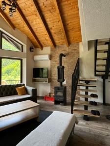 a living room with a couch and a wood stove at Fisi Resort in Peje