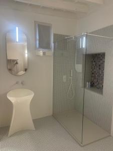 une salle de bain avec douche, toilettes et miroir dans l'établissement Principessa Isabella, à Turin 5 autres photos