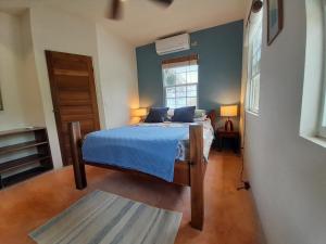 Un dormitorio con una cama con sábanas azules y una ventana. en Amanda's Place Casita Carinosa - pool and tropical garden, en Caye Caulker 54 fotos más