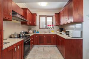 kuchnia z drewnianymi szafkami i zlewem w obiekcie Celine Deluxe Apartment w mieście Leukada (miasto)