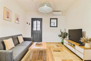 a living room with a couch and a tv at LE PTIT HONORE - Appartement 2 pers - Centre Cosy WiFi Clim Garage in Saint-Gilles