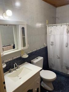 Un baño con lavabo, inodoro y espejo. en Alquiler Villa Elisa, en Villa Elisa