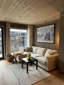 ヘムセダールにあるSki-in ski-out - Hemsedal in Fjellandsbyen - view to the slopesのソファとテーブルのあるリビングルーム
