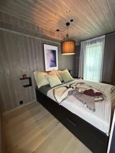 ヘムセダールにあるSki-in ski-out - Hemsedal in Fjellandsbyen - view to the slopesの部屋の中に大きなベッドがある寝室