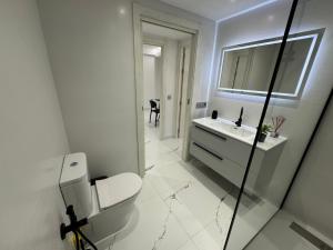 ein Badezimmer mit Toilette, Waschbecken und Spiegel in der Unterkunft Boabdil Luxury home in Córdoba + 17 Fotos