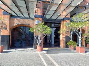 two trees in pots in front of a building at Puente de la Mujer in Buenos Aires