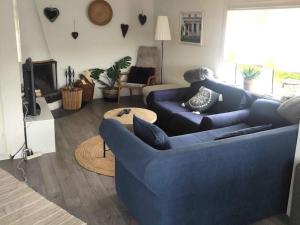 4 star holiday home in BORÅS في بوراس: غرفة معيشة مع اثنين من الأرائك الزرقاء وتلفزيون