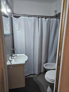 a bathroom with a white shower curtain and a toilet at La casa de Clo in Villa Carlos Paz